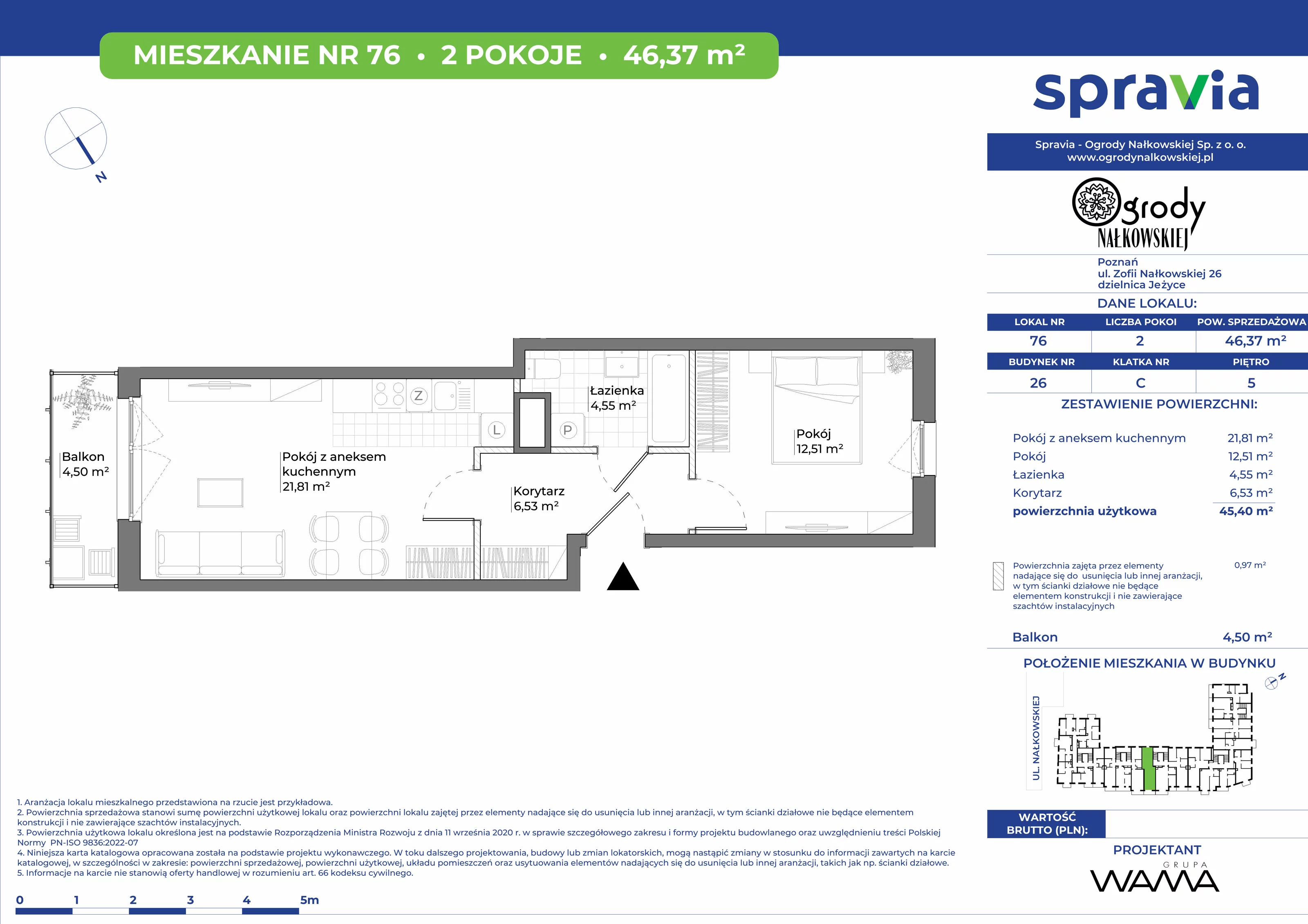 2 pokoje, mieszkanie 46,37 m², piętro 5, oferta nr 26-76, Ogrody Nałkowskiej, Poznań, Ogrody, ul. Nałkowskiej 24, 26